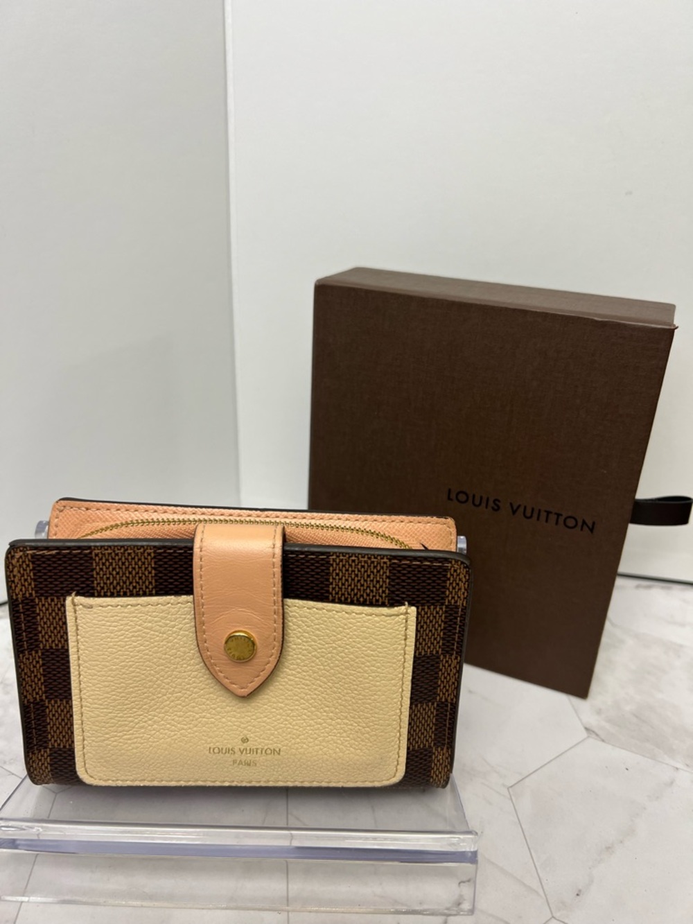 Louis Vuitton Brown Damier & Cream Leather Compact Wallet with Tan Tab